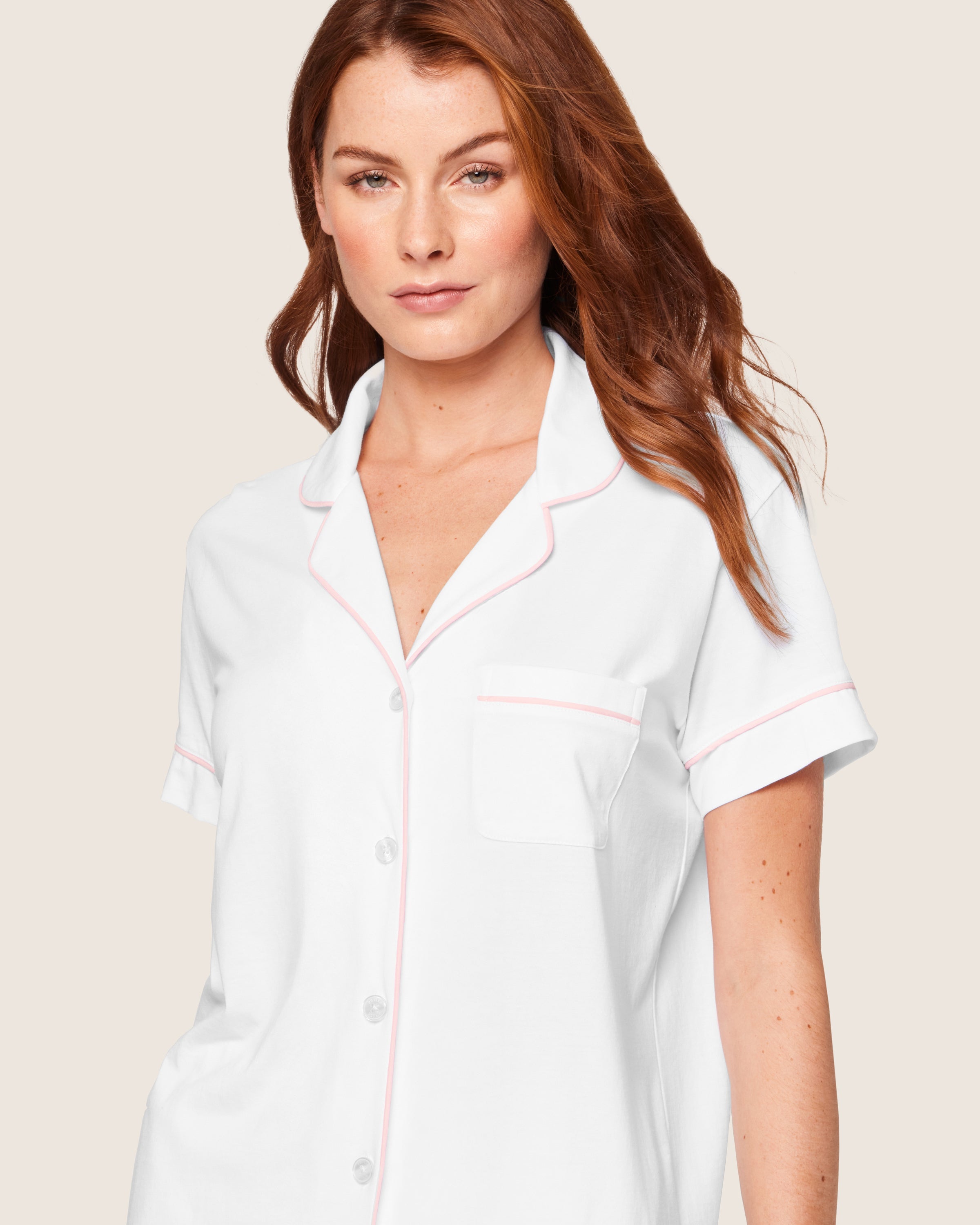 Women's Pima Pajama Short Set in White with Pink Piping